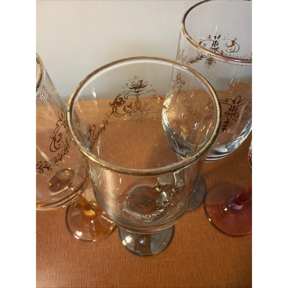 Vtg Champagne Toasting Flutes Colored Iridescent Stem Gold Trim Wedding Set Of 4